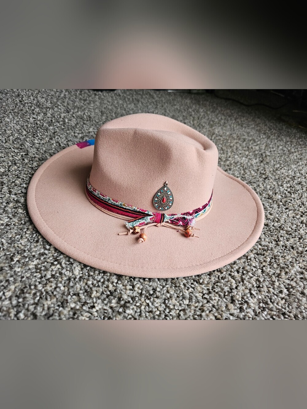 Jesscasday Gentleman Fedo   Boho Pink Wide-Brim Fedora Hat with Embellished Band - Picture 3 of 5